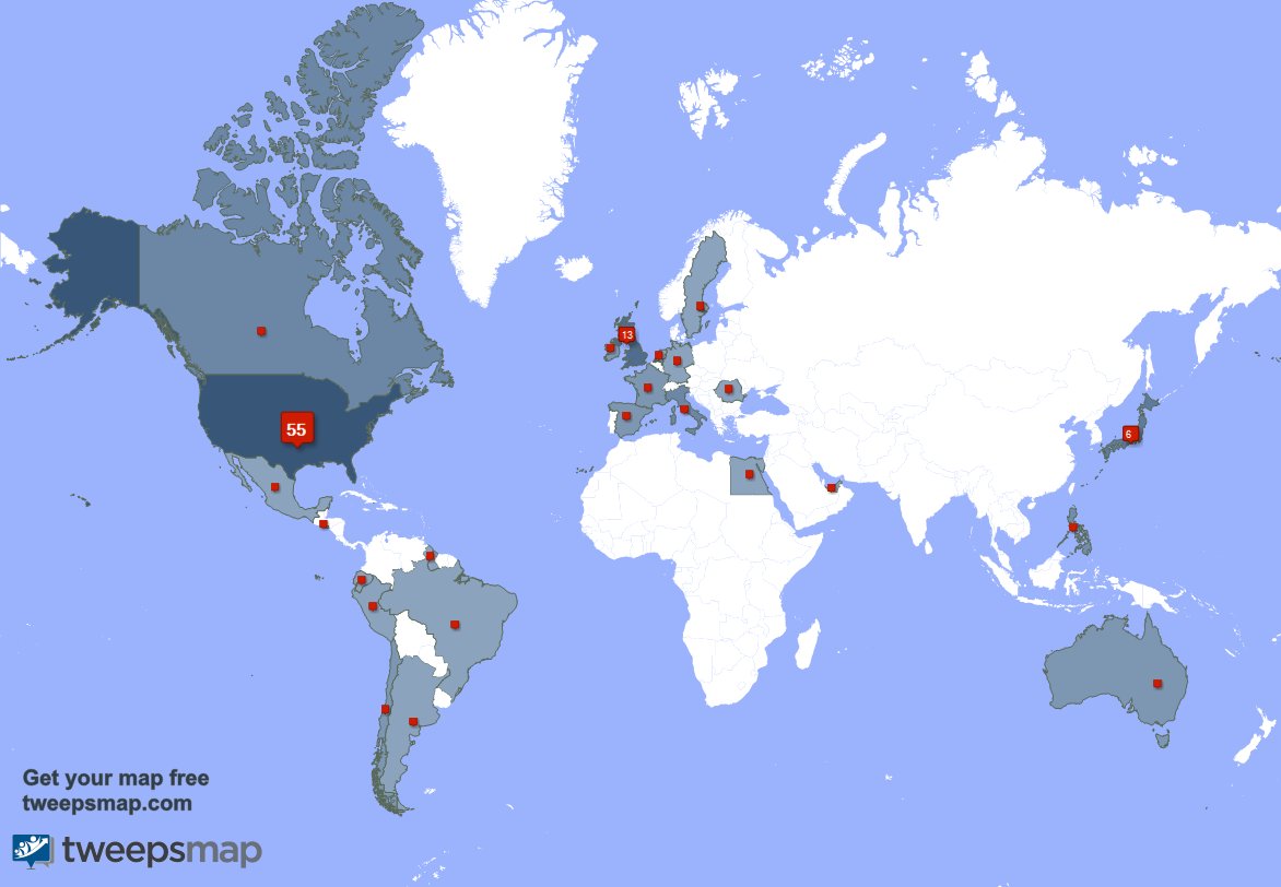 My followers live in USA (54%), UK.(13%)... Get your map: tweepsmap.com/!Clify_Chu