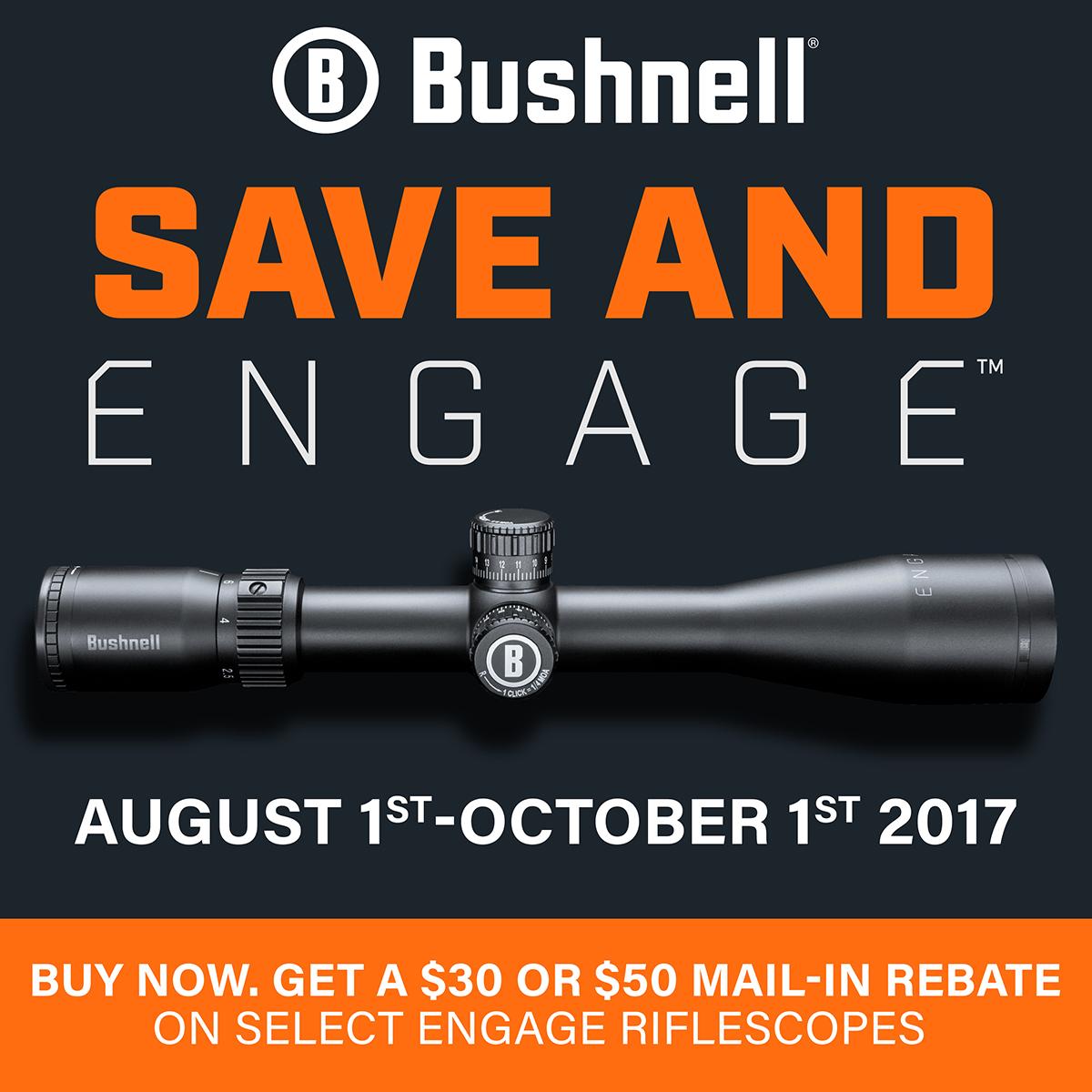 Bushnell's tweet photo. Save up to $50 when you buy an Engage riflescope! Click here for details: https://t.co/HbLnIweMJT  #Engage #BushnellEngage https://t.co/A4oJz2PEiS