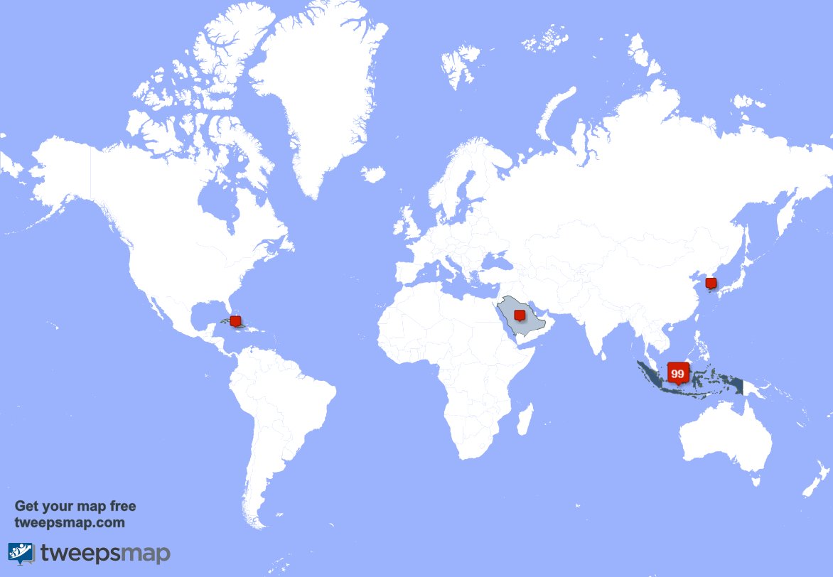 My followers are in Indonesia(98%), South Korea(0%)... Get your map too: tweepsmap.com/!KorwilFastpay