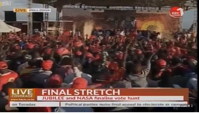 KBCChannel1's tweet photo. President @UKenyatta winds up marathon jubilee campaigns at #Afraha stadium, urges Kenyans to turn up in large numbers to vote #KenyaDecides https://t.co/Fe9HAAbX4R