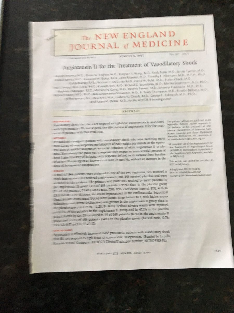 DavidACohen3's tweet photo. #AngiotensinII for #VasodilatoryShock #ATHOS3 trial. Advance in sepsis care https://t.co/1VqRcojh46