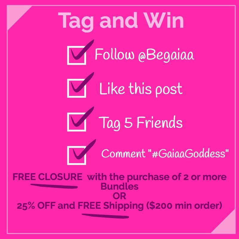 BeGaiaa's tweet photo.  CONTEST GIVEAWAY. Win 25% OFF and Free shipping ($200 min order) or a Free Closure with the purchase of two... https://t.co/pfw9LojQcJ