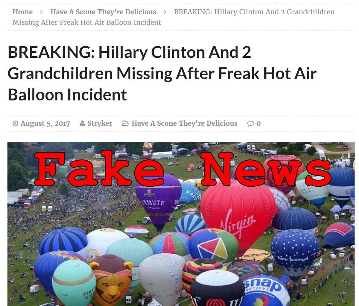 LeadStoriesCom's tweet photo. Fake News: Hillary Clinton Did NOT Die In Hot Air Balloon Accident
https://t.co/fUcICDz6zQ
#hoax #fakenews #HillaryClinton #RIPHillary https://t.co/lq9fnCDIG2