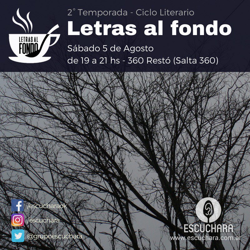 grupoescuchara's tweet photo. Hoy #sábado 5 de agosto
De 19:00 a 21:00 hs en Salta 360, te esperamos con el #CaféLiterario #LetrasAlFondo para compartir más #literatura 🎆 https://t.co/yYJ6v33RSp