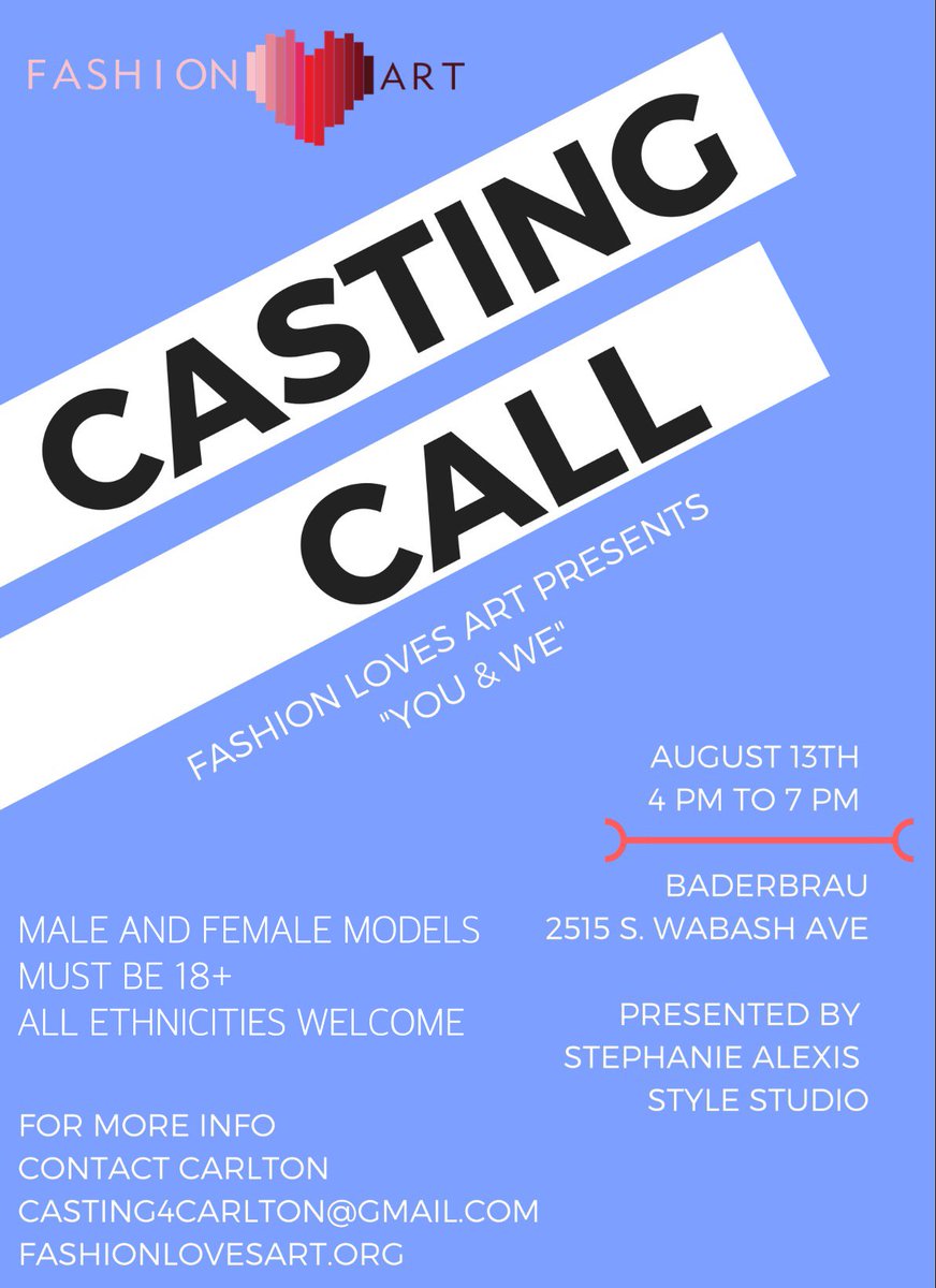 Mr_CarltonBanks's tweet photo. NEXT SUNDAY!
Model Casting call for the "You & We" Fashion Show & Art Exhibit by #FashionLovesArt to benefit the Hyde Park Art Center! https://t.co/F3HMv6M9FS