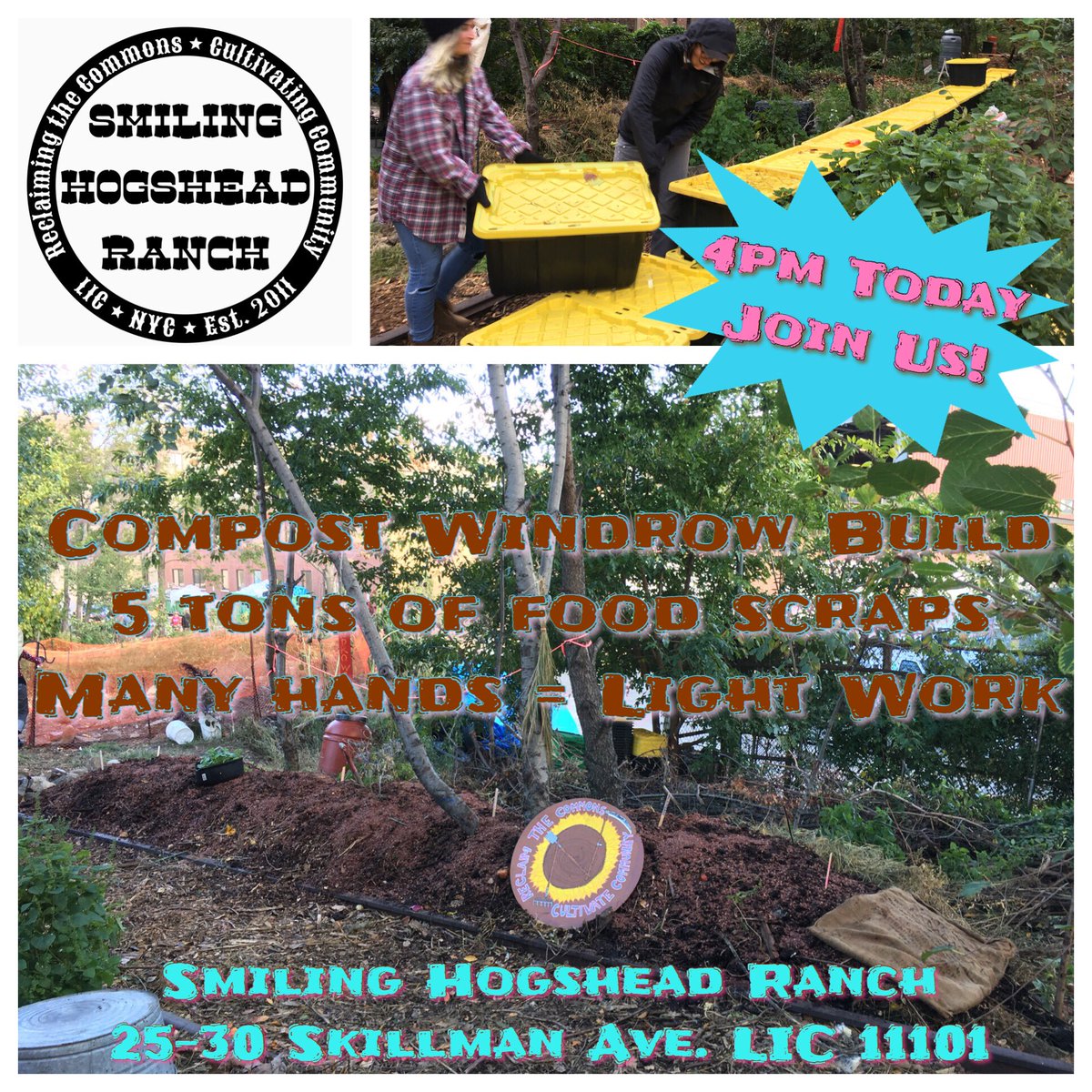 SmilingHogshead's tweet photo. Join us for a #NYCompost windrow build w. 5tons of @NYCGreenMarket food waste. Today at 4pm! https://t.co/MHf9KpjDby