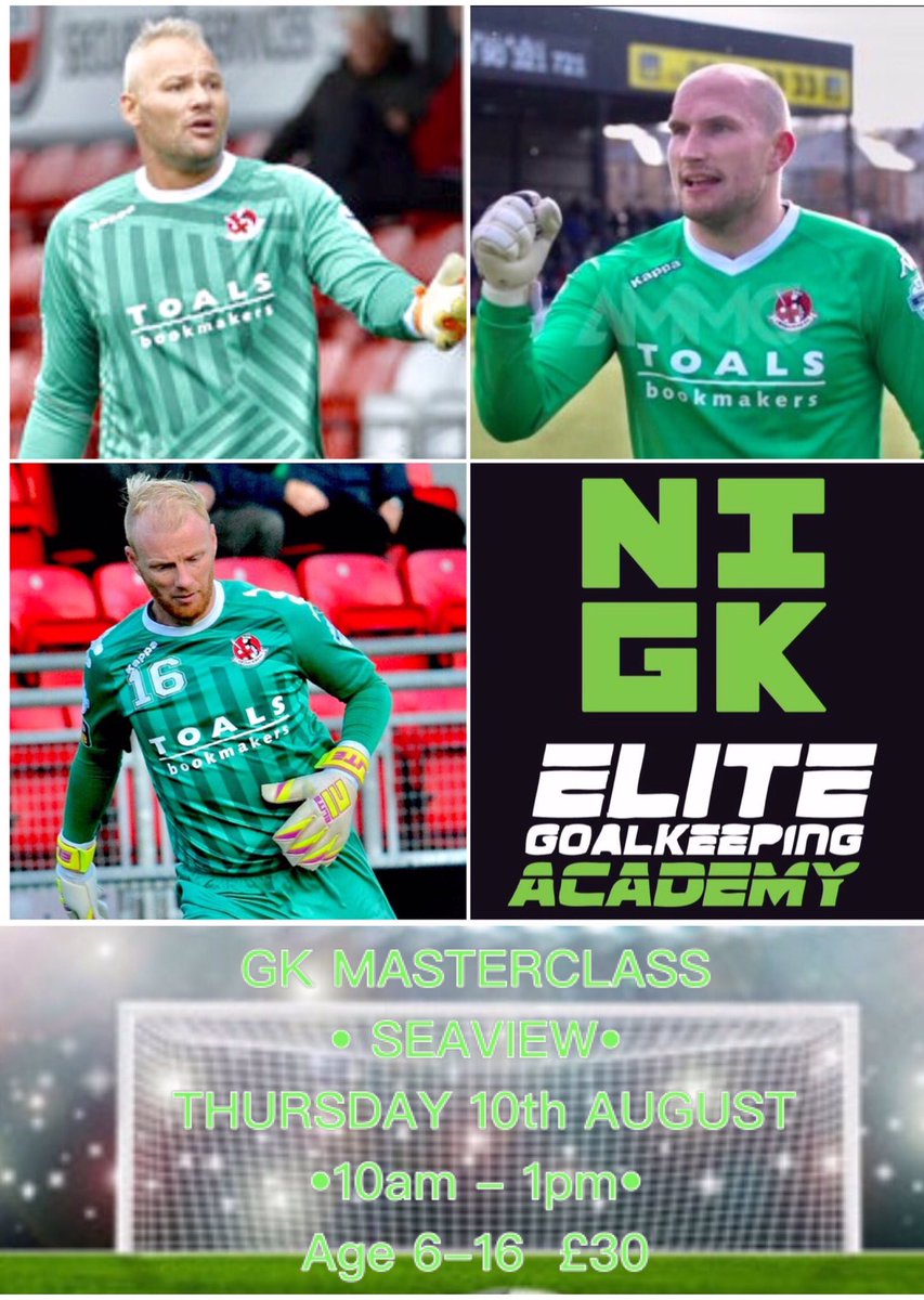 NI-GK Camp
Thursday 10th August 
Seaview 10-1
With <a href="/jensen_com/">Brian Jensen</a> <a href="/ogers88/">Sean O'Neill</a> @MicDougherty1
Open to gks 6-16 
Payment &amp; Registration on the day