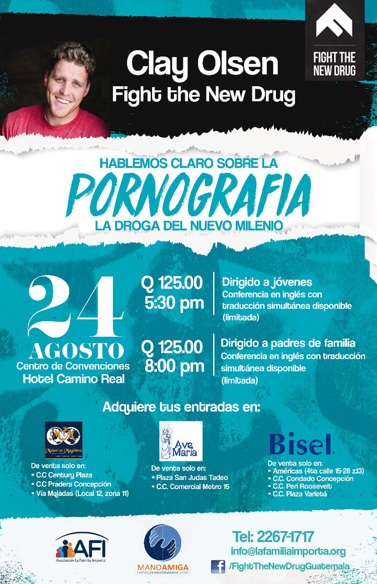familiaimporta's tweet photo. El 24 de agosto @ClayOlsen de @FightTheNewDrug estará en Guatemala en dos únicas conferencias!  #FightTheNewDrug #Pornkillslove https://t.co/MRAwIIlQ6A