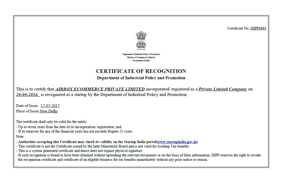 airboxshipping's tweet photo. We also recognized by #startupindia. &amp; Got a #dipp certificate. https://t.co/btx0qwSnPv