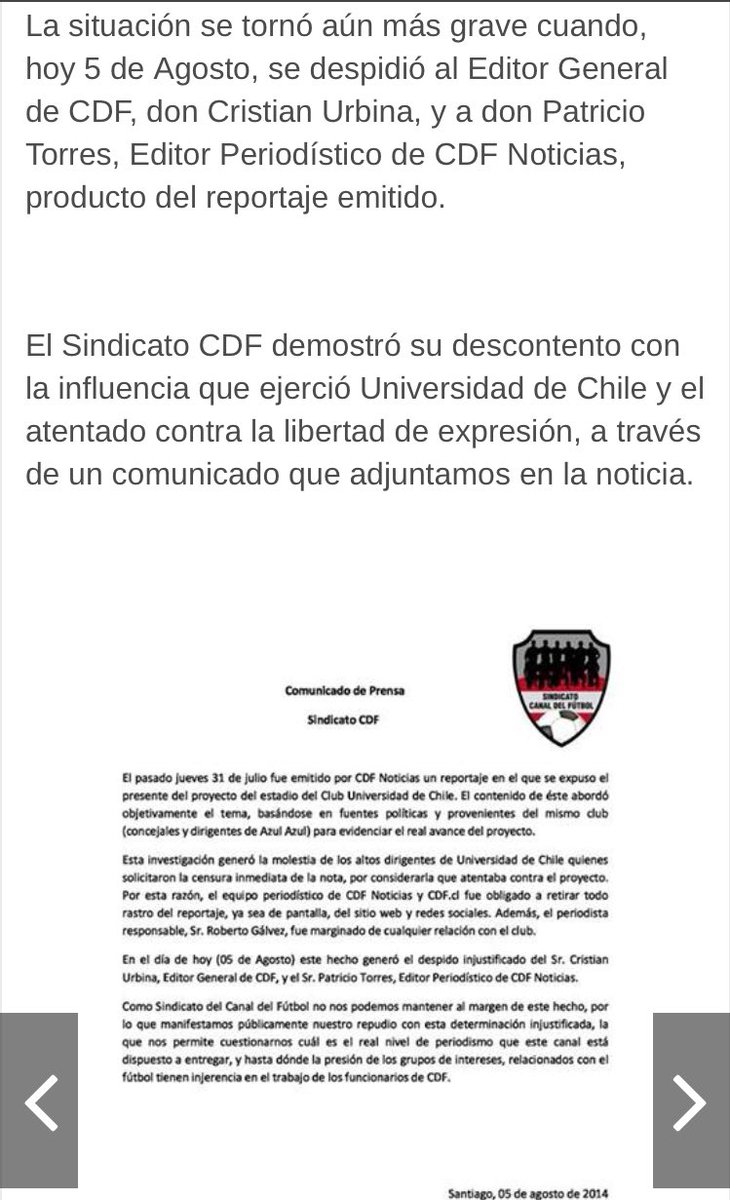 renefutbol's tweet photo. Hoy se cumplen 3 años del despido a dos funcionarios del @SindicatoCDF , por presiones de AzulAzul. #FueraSadp https://t.co/bbF6SFAbZh