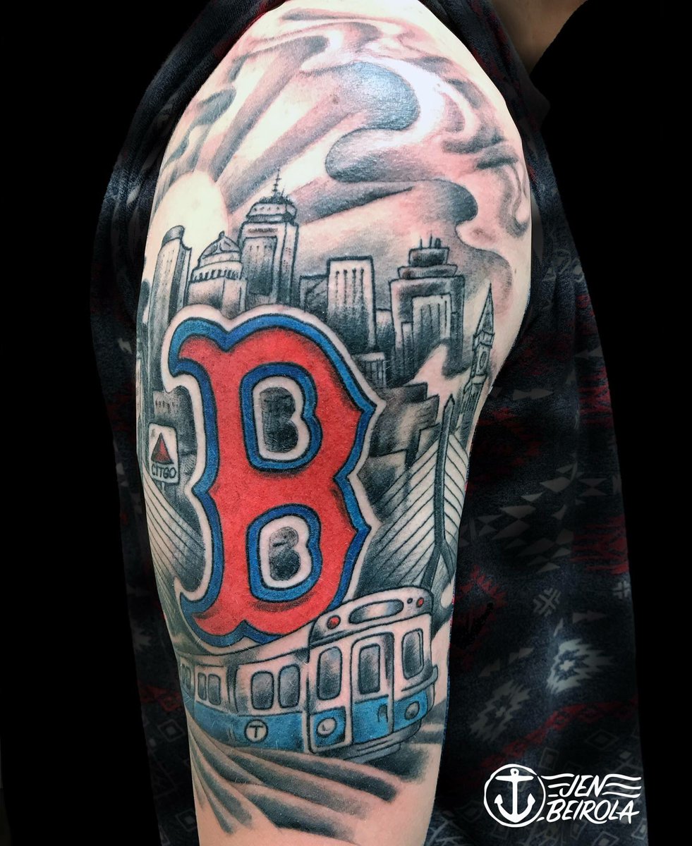Jen Beirola Finished Up This Fun Boston Skyline Half Sleeve Boston Bostontattoo Bostonskyline Mbta Subway Eastboston