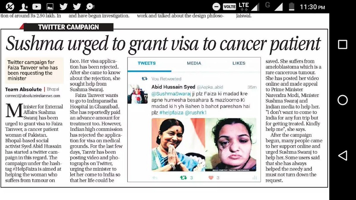akshayhunka's tweet photo. Respected @SushmaSwaraj ji. Pl look into this matter. Your intervention in this matter will #HelpFaiza
She needs visa for her treatment. https://t.co/JOweCTxM1N