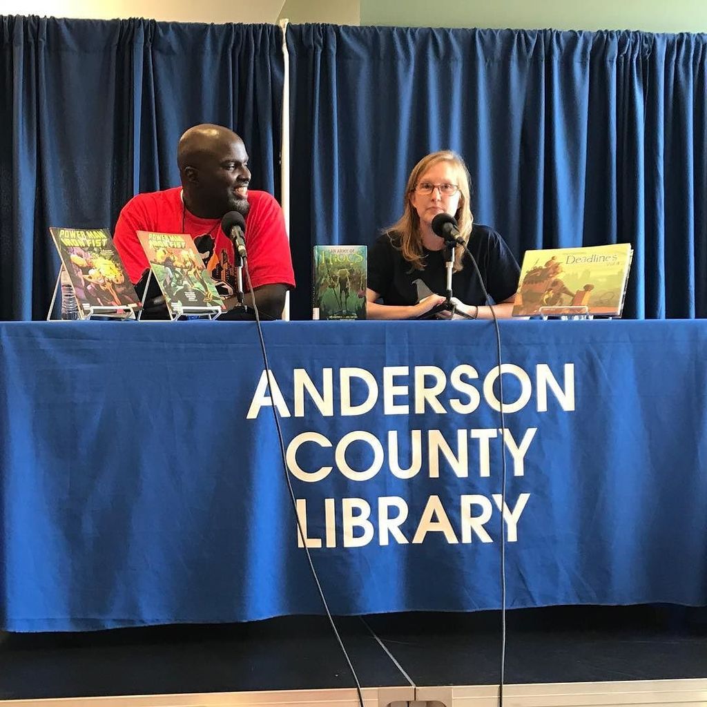 Andersonsclib's tweet photo. Keynote with @sanfordgreene and @dollarbinproductions talking all things comics and the art industry! #EC32017 https://t.co/lrtN1rlk0q