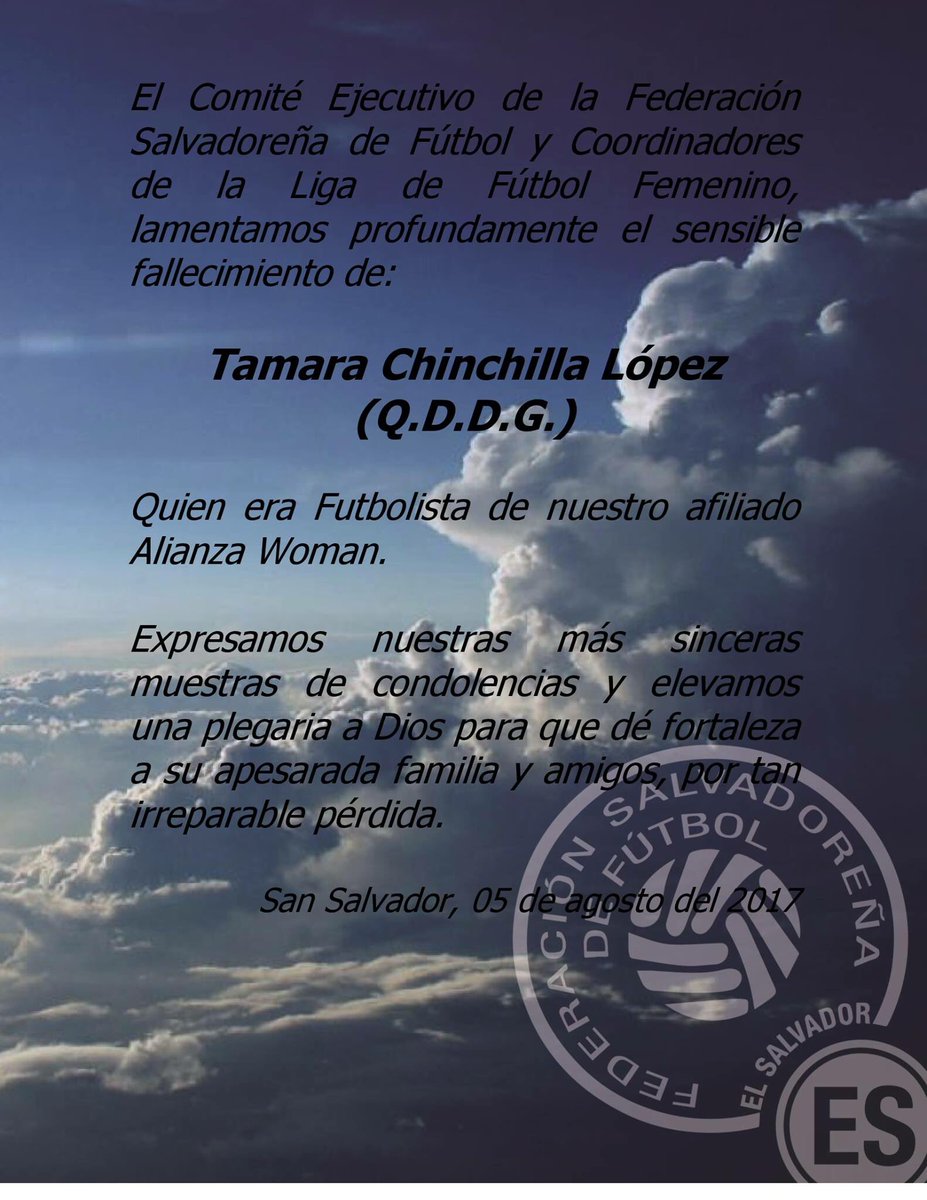 Sentido Pésame a familiares y amigos de Tamara López, futbolista de .<a href="/AlianzaFC_sv/">Alianza Fútbol Club</a> Woman, perteneciente a nuestra Liga de Fútbol Femenino.