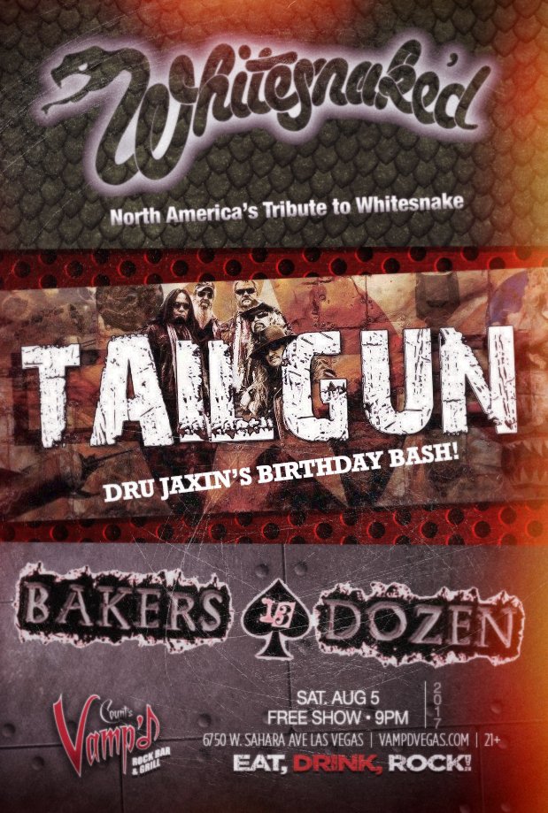 VampdVegas's tweet photo. TONIGHT! @VampdVegas is ROCKIN with #Whitesnake tribute, #Whitesnaked! Also #Tailgun & #BakersDozen #RockNRoll #PartyShow #FREE EatDrinkRock https://t.co/YIS8KxTwsn