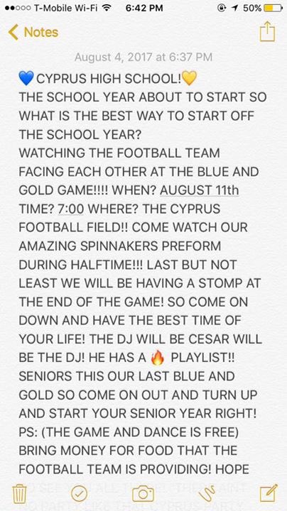 Cyprustudentsec's tweet photo. No better way to practice showing school spirit than to cheer for both sides of the field! Save the date pirates let's see what y'all got😈💙💛 https://t.co/DEUpKQMxLb