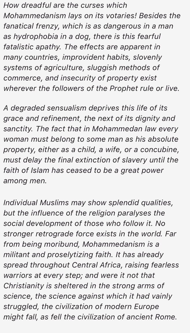 therealmissjo's tweet photo. Churchill saw the problem with Islam in 1899 in his book, The River War.
"No stronger retrograde force exists in the world". #deleteislam https://t.co/kYur5CEl95
