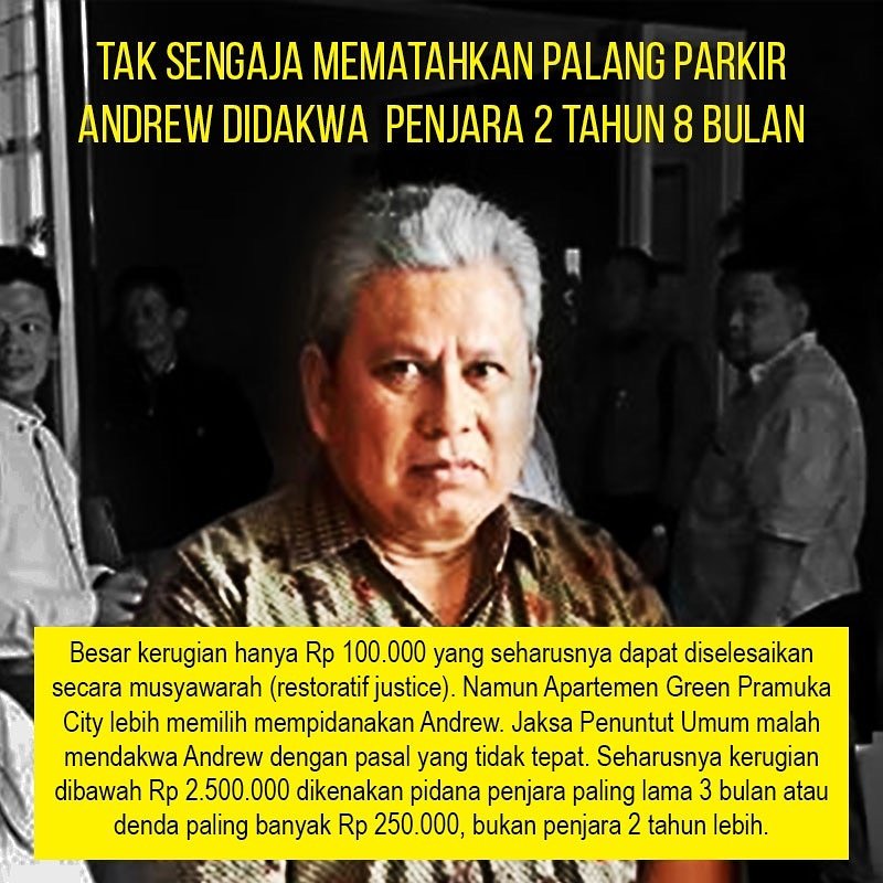 LBH_Jakarta's tweet image. Tak hanya Acho, Green Pramuka City jg mempidanakan Andrew penjara 2 tahun lebih, akibat tak sengaja patahkan palang parkir Rp 100rb.