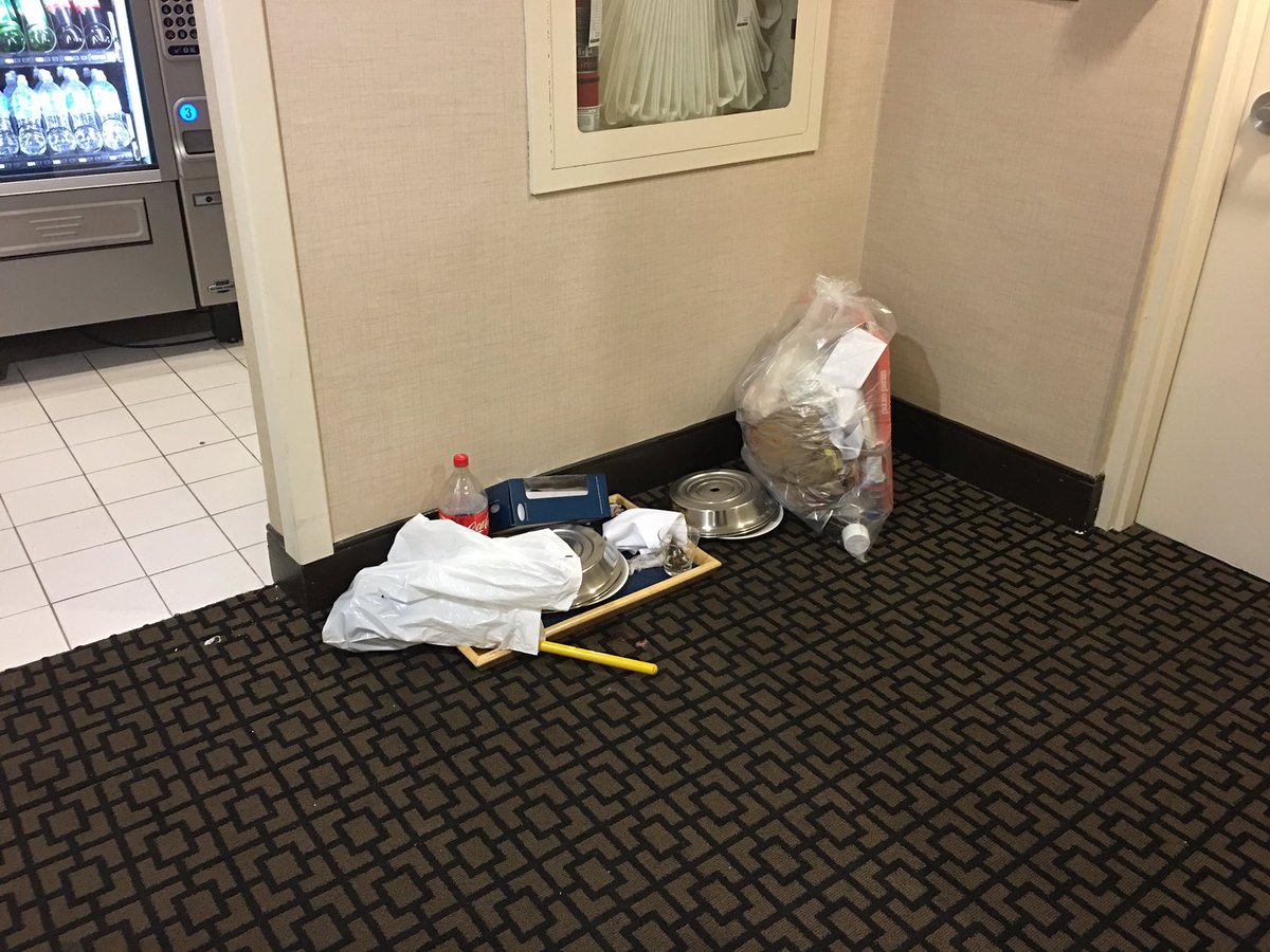 Jstrazzeri's tweet photo. @HiltonHotels when there's plates of old food and garbage sitting in a corner outside your room for 2 days after paying 500 dollars a night https://t.co/hx31A5wI33