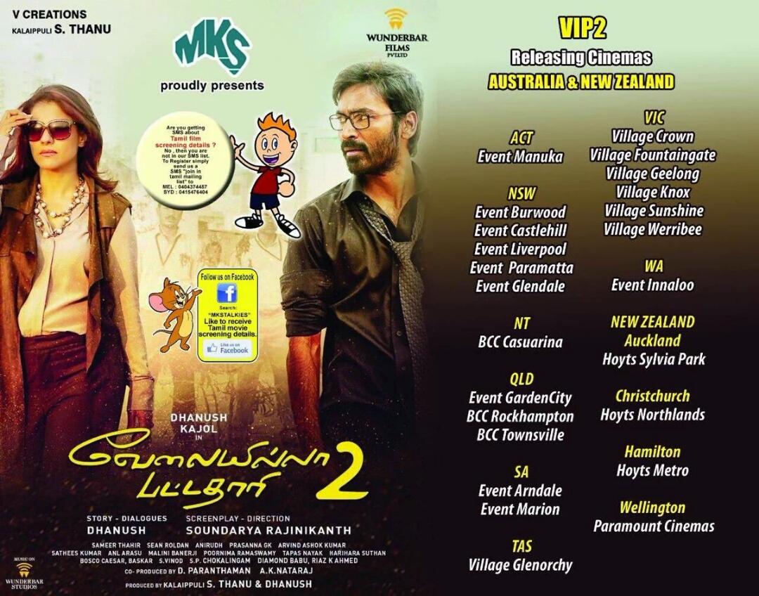 smileyboyoff's tweet photo. #VIP2 - New Zealand & Australia Theater List
#4DaysToGoVIP2 @dhanushkraja @soundaryaarajni @WunderbarFilms_ https://t.co/D8ZMkTo4vi