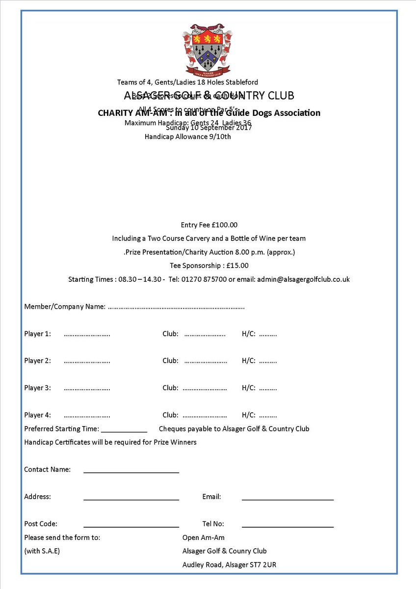Alsager Golf Club (@alsagergcc) on Twitter photo Charity AM-AM, 10 Sept for <a href="/guidedogs/">Guide Dogs</a> Teams of 4 ladies or gents £25pp inc meal/wine. Great prizes & auction. Charity AM-AM, 10 Sept for <a href="/guidedogs/">Guide Dogs</a> Teams of 4 ladies or gents £25pp inc meal/wine. Great prizes & auction.