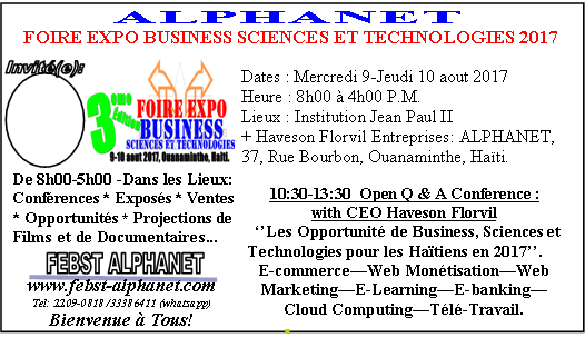alphanethaiti's tweet photo. En 2017, La #Foire #Expo #Business #Sciences et #Technologies : simple, consistant, productive et standard.
#FEBST2017
#Alphanet
#Haiti https://t.co/wG5gyzfDSL