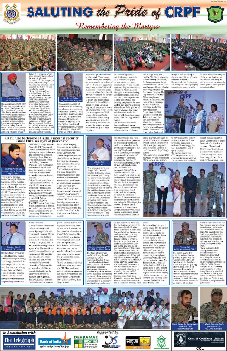Lathkar_IPS's tweet photo. Saluting The Pride of #CRPF - Extensive 4 Page coverage of #Jharkhand Sector's activities during CRPF #RaisingDayWeek in 'The Telegraph' https://t.co/ZVhnoeWczT