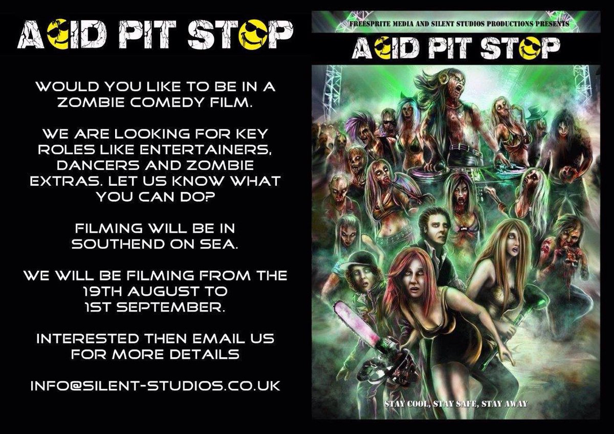 acidpitstop's tweet photo. @Life_follows @acidpitstop is a zombie comedy filmed in Southend on sea. We are looking for local business to support &amp; share this flyer https://t.co/z5g8NGyj51