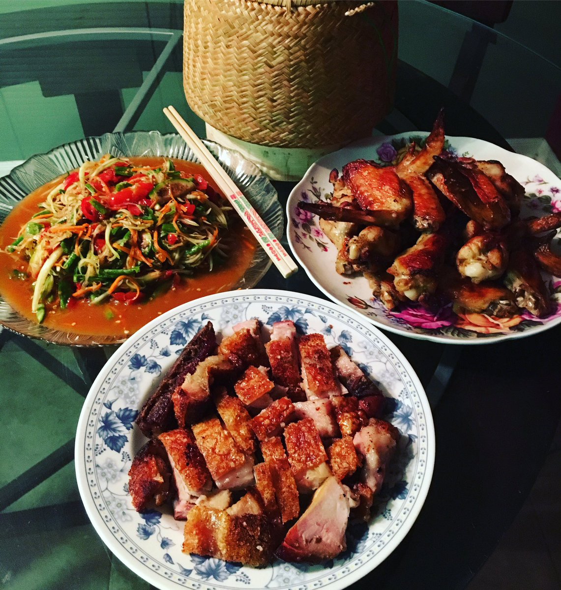 BuffAssPet's tweet photo. It's late but #FuckIt, itz #SaturdayNite &amp; I gotz #StickyRice #BakedWing #CrispyGoldenPorkBelly #PapayaSalad! #SwingOnBy #LaoFood #ChefBuffy https://t.co/6aJVkBQCd1