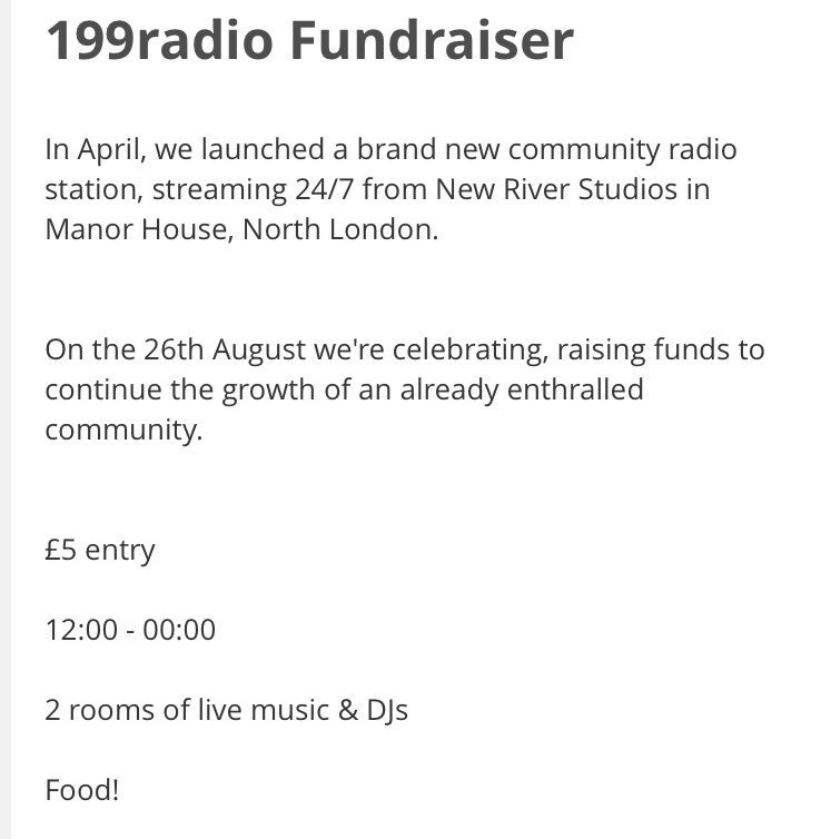 OlafSEast's tweet photo. @199radio alldayer fundraiser extravaganza, 26th Aug, 2 rooms, live music and dj's, come and support the ever growing volunteer station. https://t.co/N4Nr72tv7F