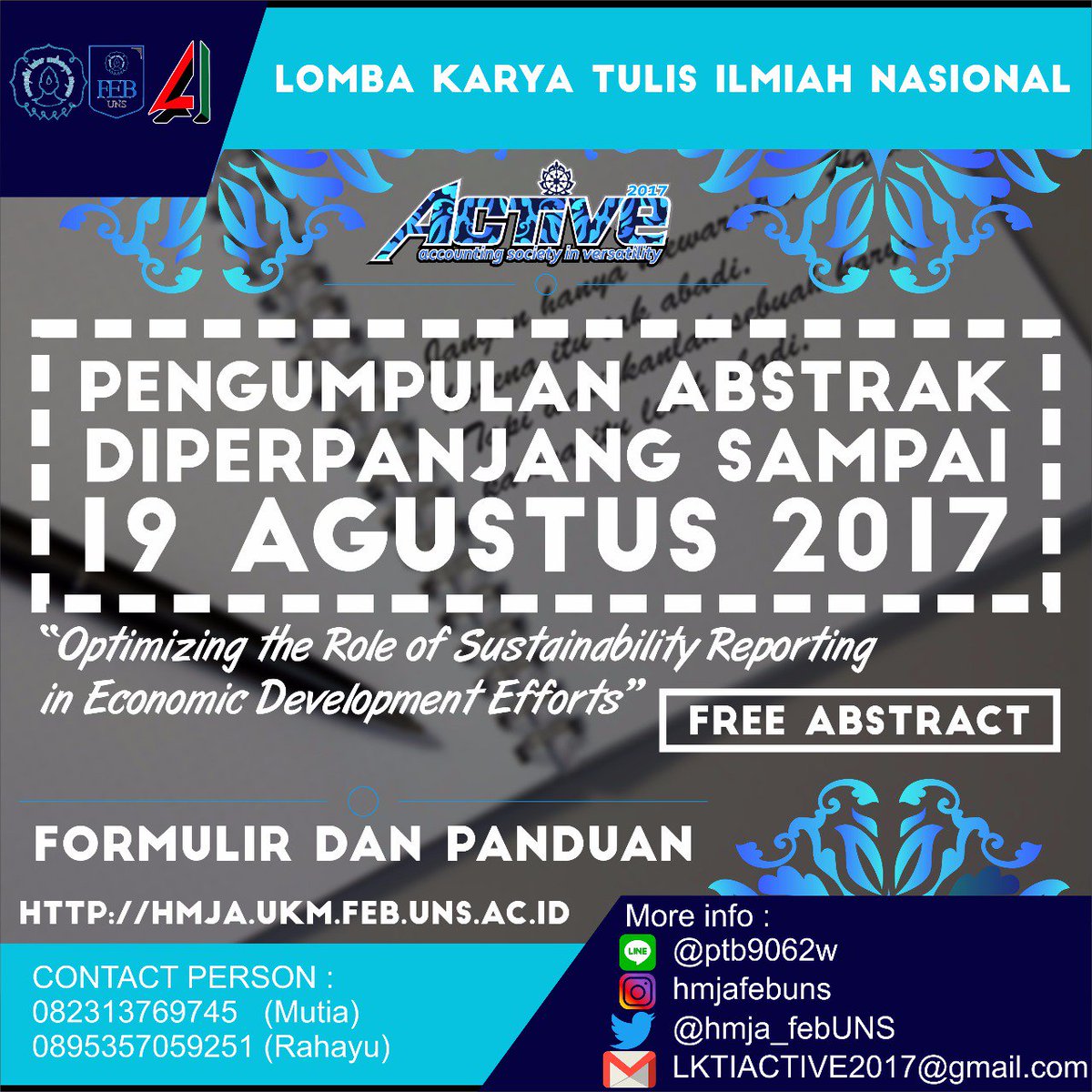 Hello Accounting Society!!!
LKTI ACTIVE 2017 memutuskan untuk MEMPERPANJANG WAKTU PENGUMPULAN ABSTRAK LKTI ACTIVE 2017