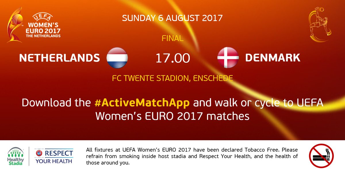 healthystadia's tweet photo. Tonight #NED take on #DEN!

🚶‍♀️or 🚴🏿‍♀️ to Enschede for #WEURO2017? Record your journey with the #ActiveMatchApp: https://t.co/Iy5SGan2lB https://t.co/KfbfUwodXI