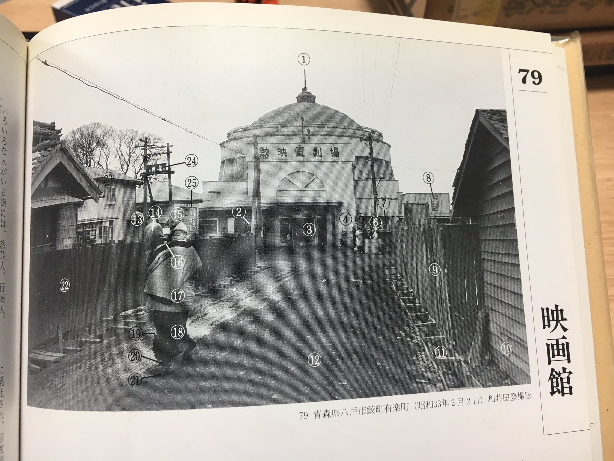 萩原富士夫 日本生活図引より映画館 青森県八戸市鮫町の 鮫映画劇場 昭和32年 ドームのてっぺんに避雷針 カラー写真は南相馬市の朝日座 先週撮影しました 三角屋根のてっぺんに避雷針