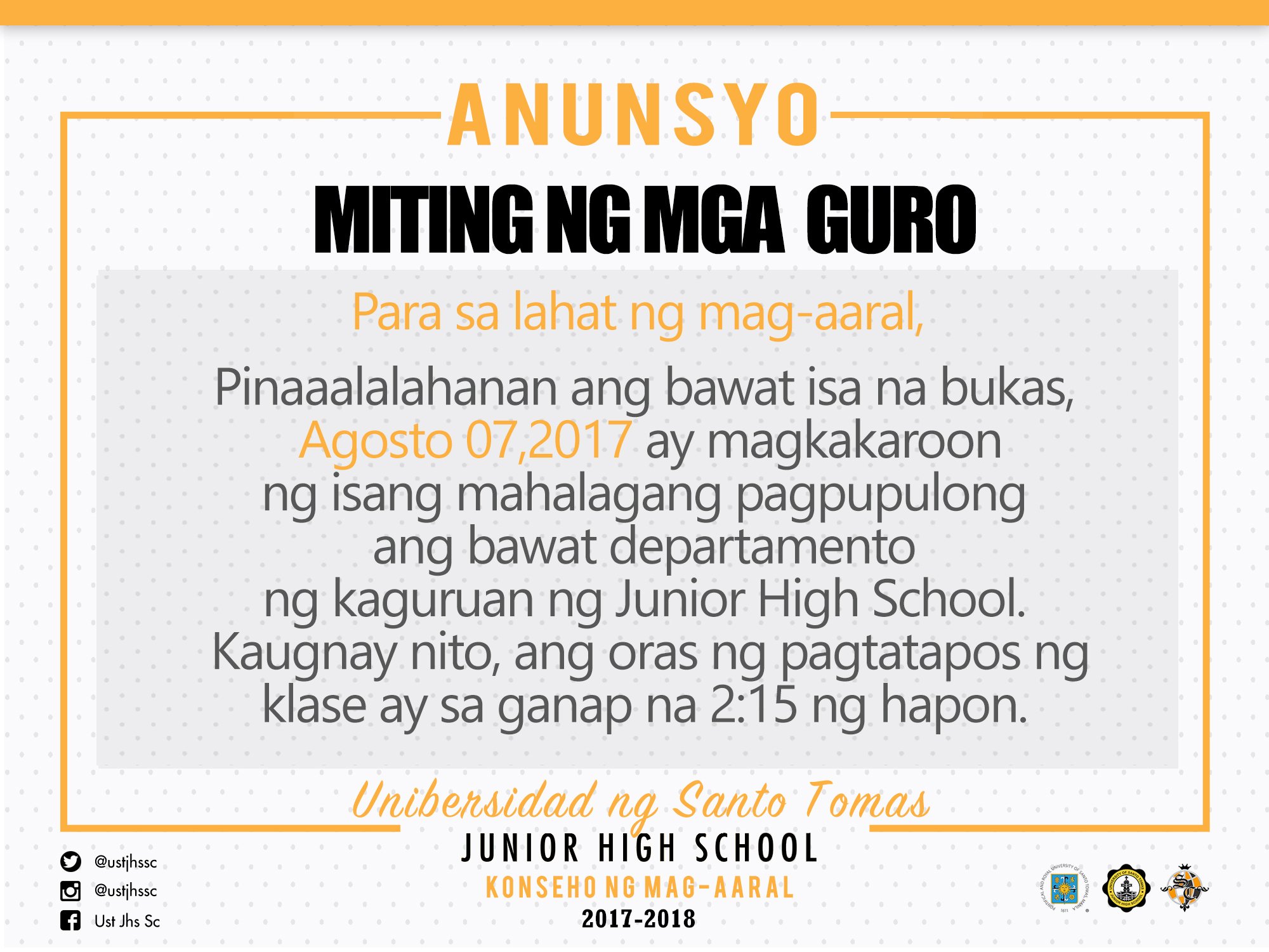 UST JHS SC on Twitter: "Mangyaring magabayan sa anunsyo. ð…