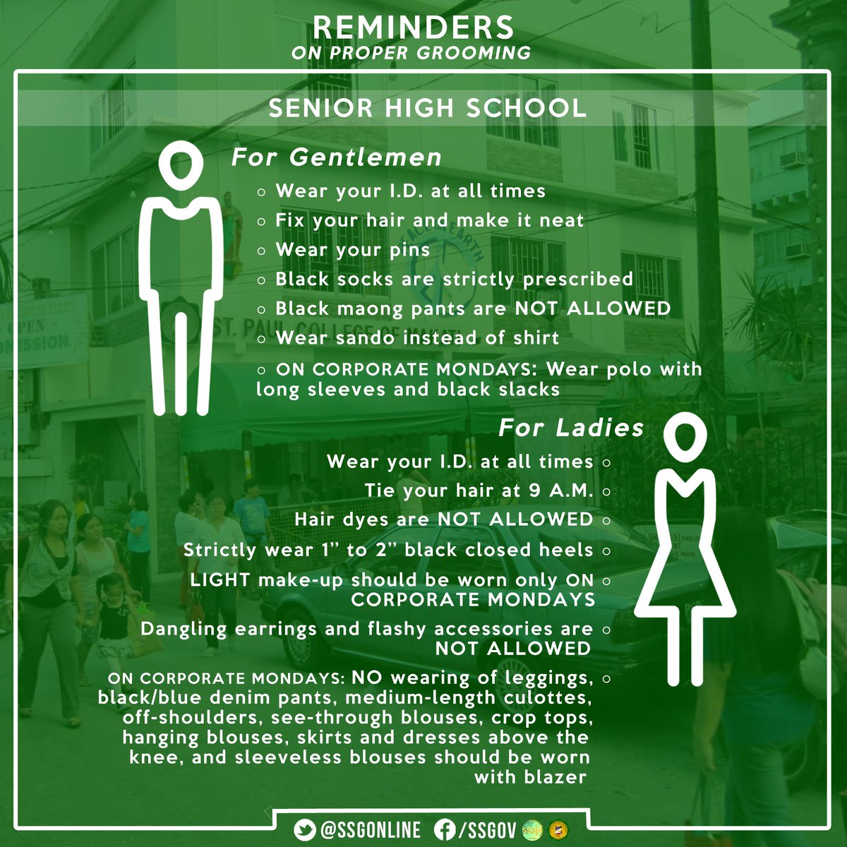 SSGOnIine's tweet photo. Reminders on Proper Grooming for the High School Department.
Please be guided accordingly. Thank you. https://t.co/dh9K25K1UD