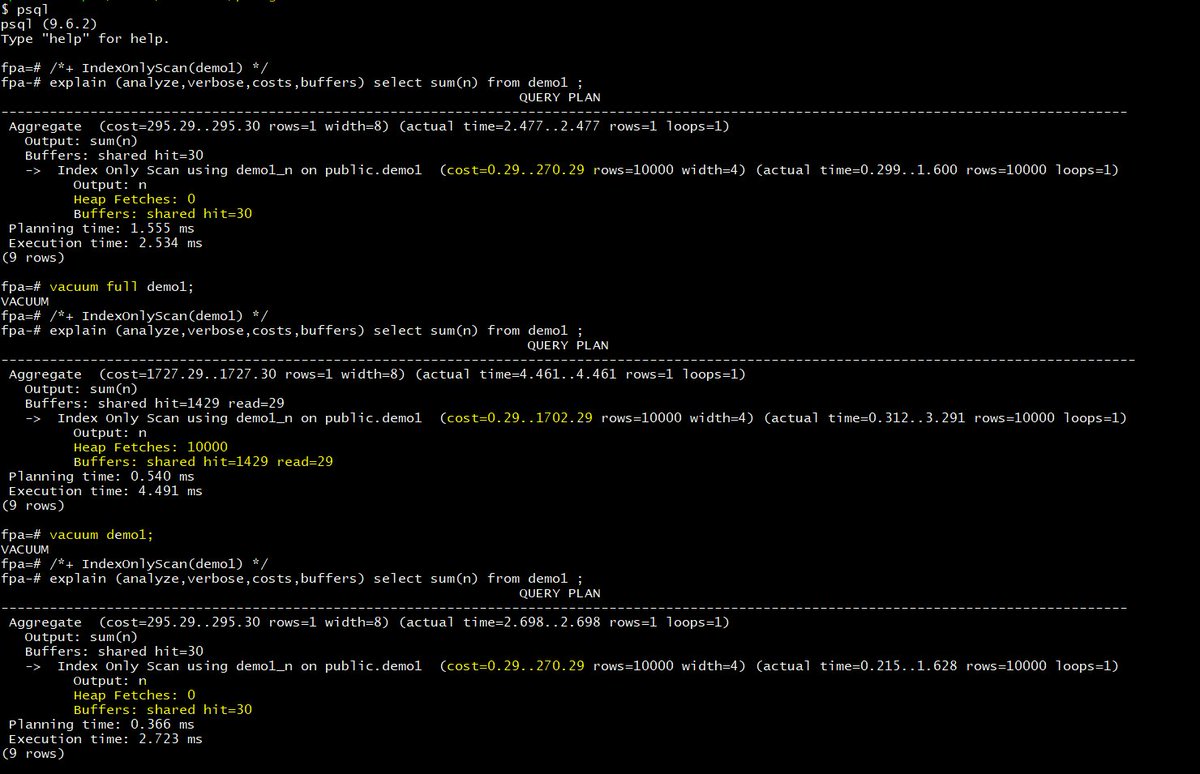FranckPachot's tweet photo. #beLazy 
VACUUM FULL is not better than lazy VACUUM. It moves tuples. Resets visibility map. Index Only Scan has to Heap Fetch. https://t.co/z02WamoWXy