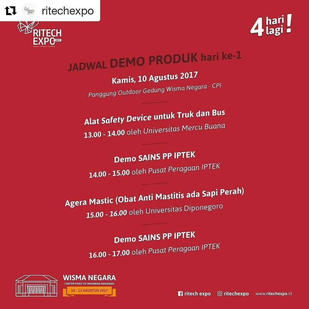 brin_indonesia's tweet photo. #SobatRistekdikti 4 Hari Lagi! Menuju Pameran Riset, Inovasi, dan Teknologi Ritech Expo 10-13 Agustus 2017 di Gedung Wisma Negara Makassar. https://t.co/g4CwpdGdVA