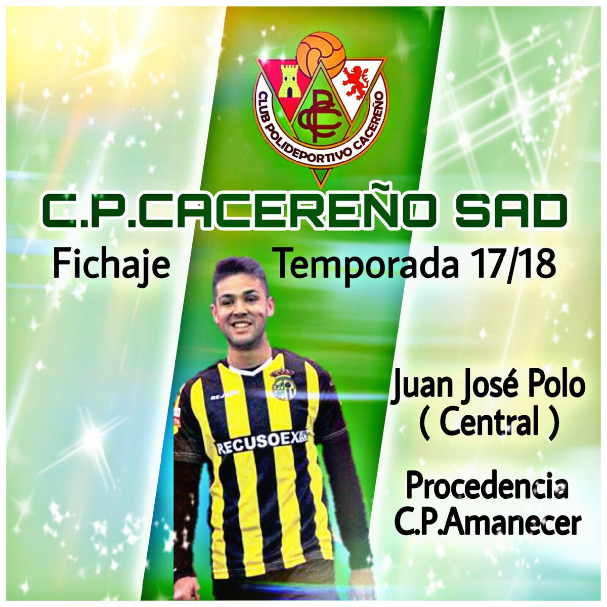 Os confirmamos el fichaje de <a href="/juanjopd17/">Juan José Polo</a> por el <a href="/CPCacerenoSAD/">CP Cacereño 🟢🐉</a> 
Bienvenido Juanjo
Central con poderoso juego aereo