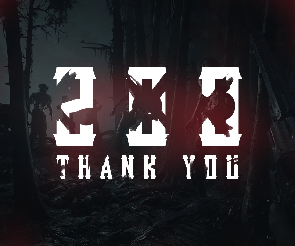 HuntTogether's tweet image. This is going to be our 100th tweet and we would like to THANK all of you for enabled us to reach more than 200 followers!
#HuntShowdown