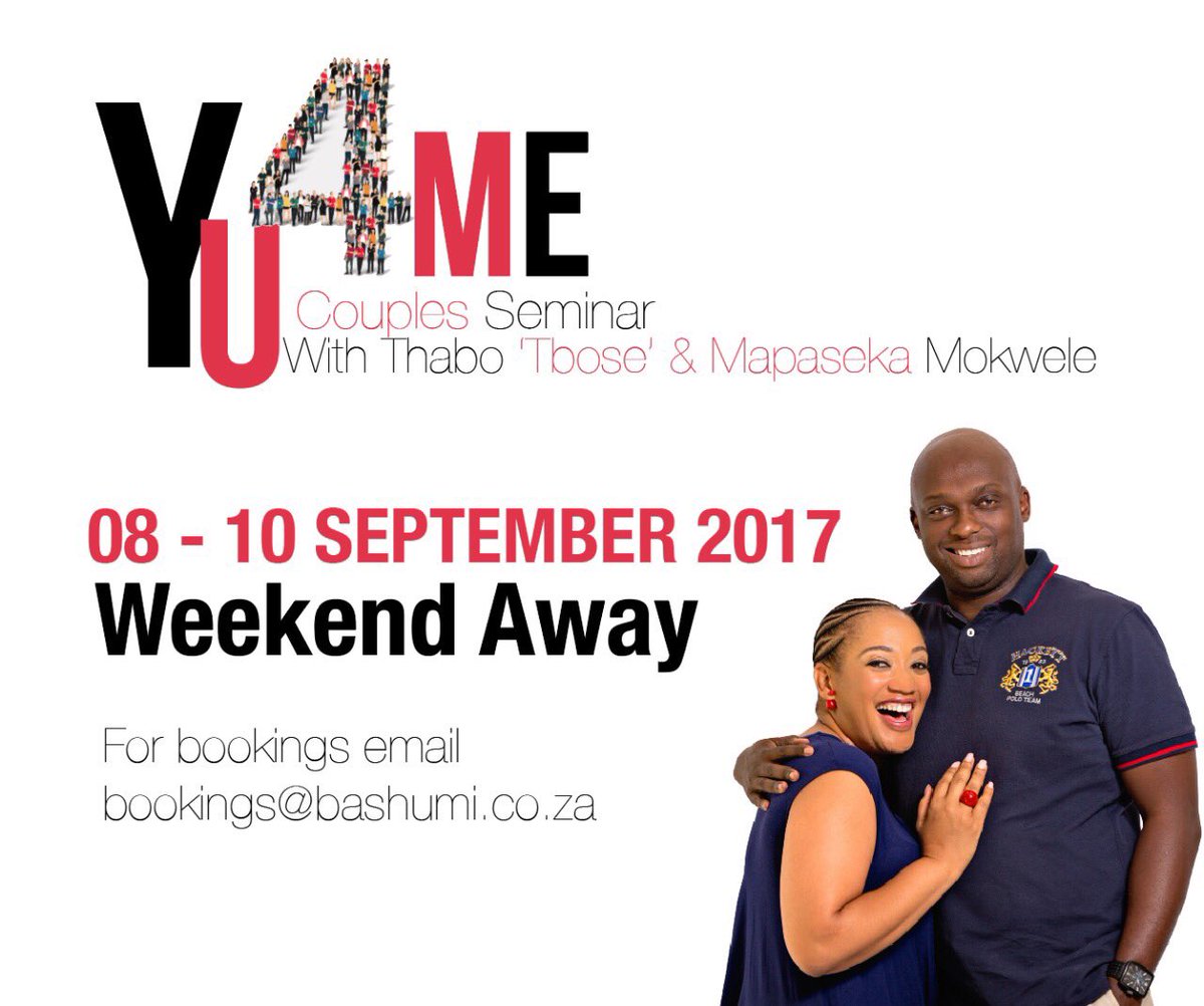 YU4MESeminar's tweet photo. BOOK NOW to spend a weekend with your loved one on a #Baecation #YU4ME Relationship Seminar with @tboseZA @mapasekamokwele https://t.co/2v3cuN9eeL