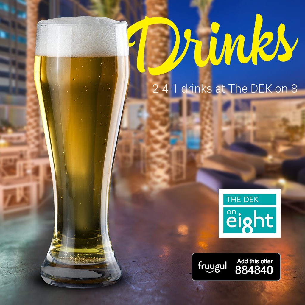 Fruugul's tweet photo. Enjoy a drink and enjoy another for 6AED @MediaOneHotel at The DEK on 8. Fruugul code 884840 #discount #Drinks https://t.co/w5nf3HhfkJ