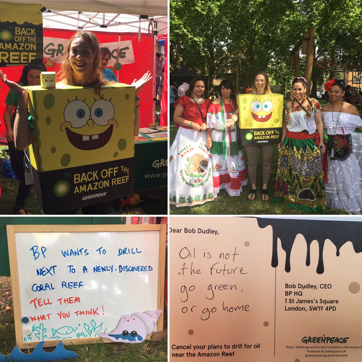 GreenpeaceSouth's tweet photo. Dear Bob Dudley, @BP_plc Go green or go home! #GoGreenOrGoHome #SaveOurSponge #AmazonRainforest #AmazonReef #SavetheAmazonReef #PlazaLatina https://t.co/WOvSPY3cH1