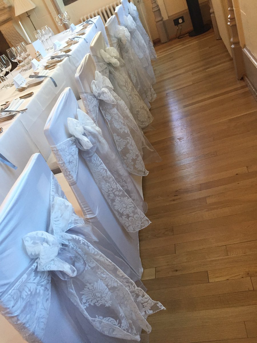 CreateALook's tweet image. Ivory flick and silver double bow with table swagging Congratulations Sam and James @DentonHall #ilkley #wedding #yorkshire #venuestyling