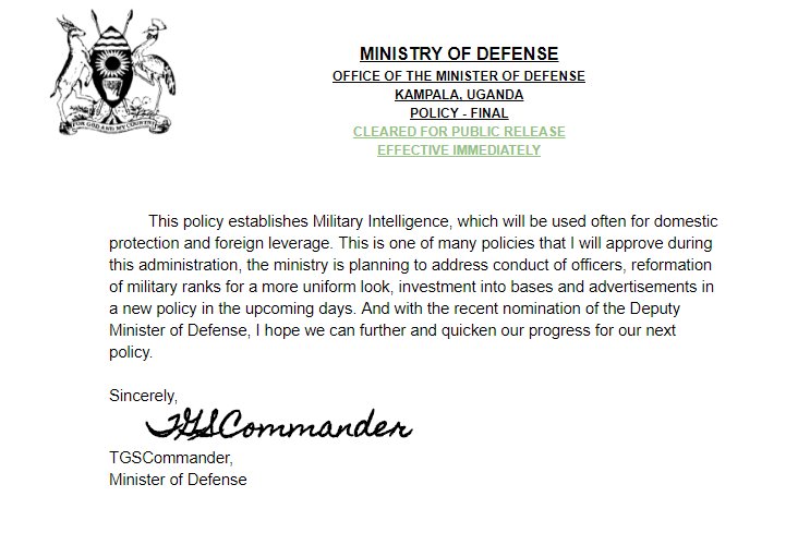 The Minister has just approved his first policy. The establishment of MI &amp; Guidelines. goo.gl/tVP6Pw -DEF