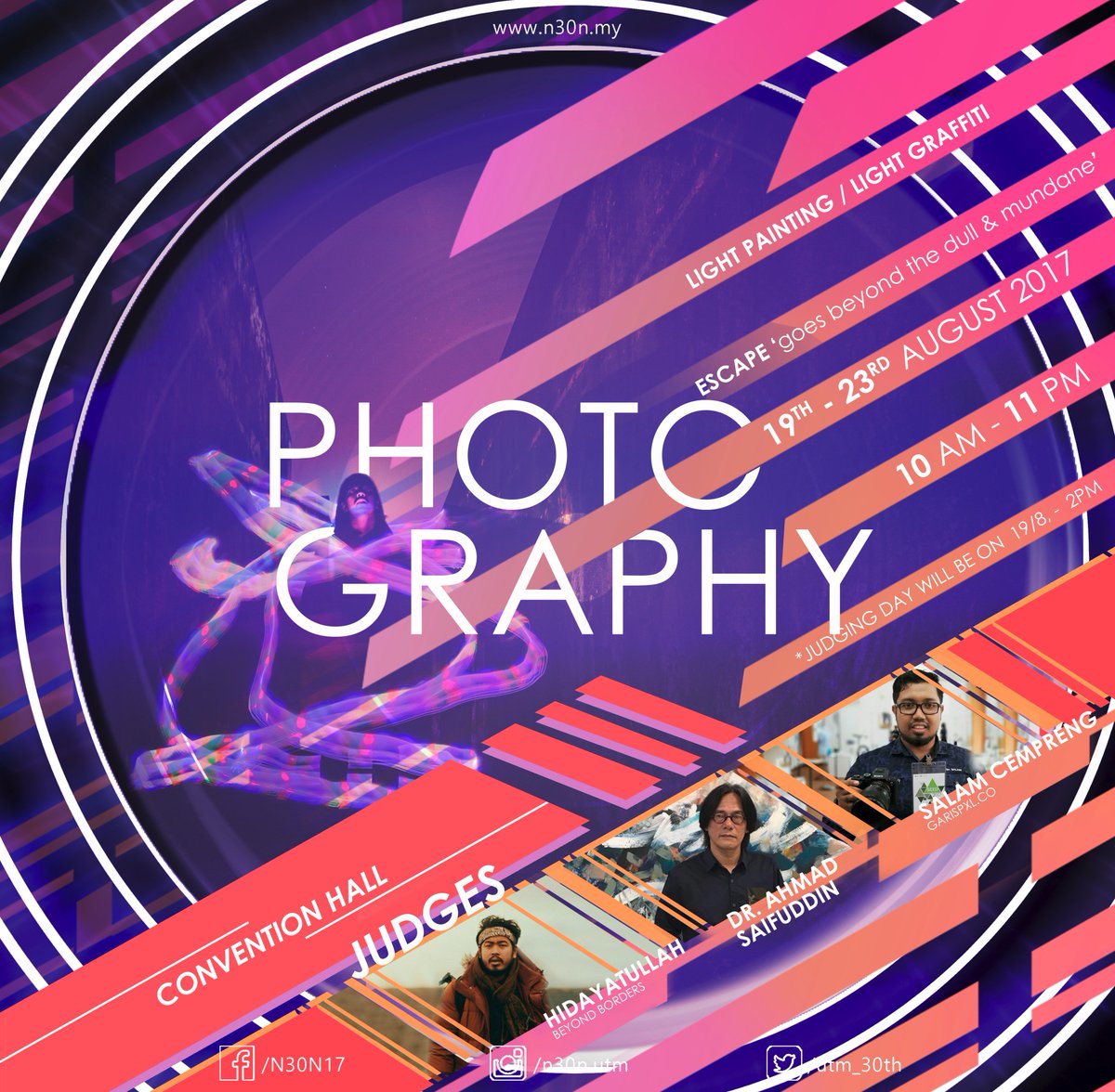 UTM_30th's tweet photo. [COMPETITION-PHOTOGRAPHY]
Theme: Escape
Method: Light Painting
SOFTCOPY SUBMISSON: 12th AUGUST 2017
HARDCOPY SUBMISSION: during registration https://t.co/RFH5ovCFvt