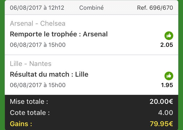 BetNextgen's tweet image. #Ligue1Conforama 🇫🇷⚽️
#CommunityShield 🇬🇧⚽️

Lille 1,95 ✅✅
Arsenal remporte le trophée 2,05 ✅✅

Si combi 4,00 ✅✅

#Teamparieur