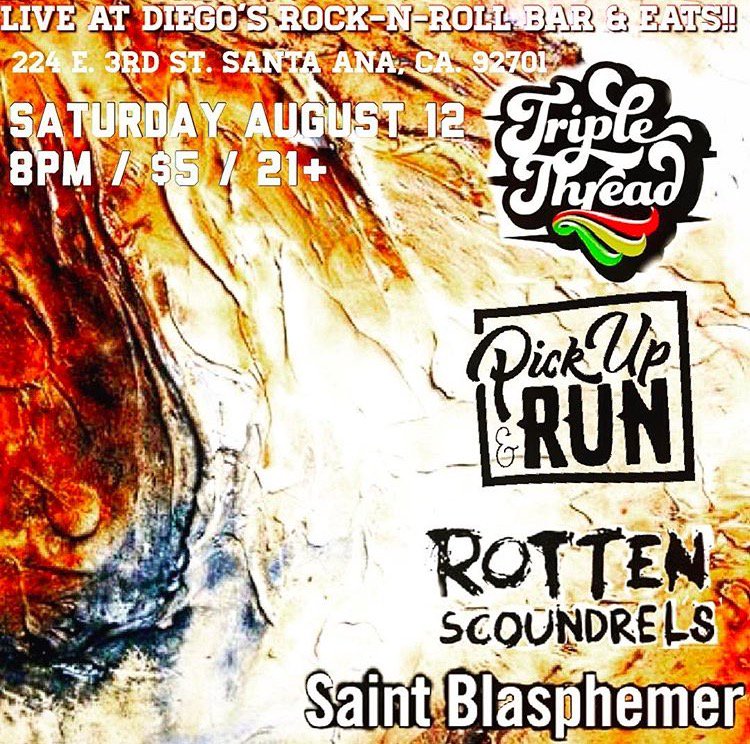 SaintBlasphemer's tweet photo. Next Saturday, we're kicking off the show - don't be late! 😂 
#diegosrocknrollbar #dtsa  #pickupandrun #rottenscoundrels #triplethread https://t.co/9Tjbb9IOtb