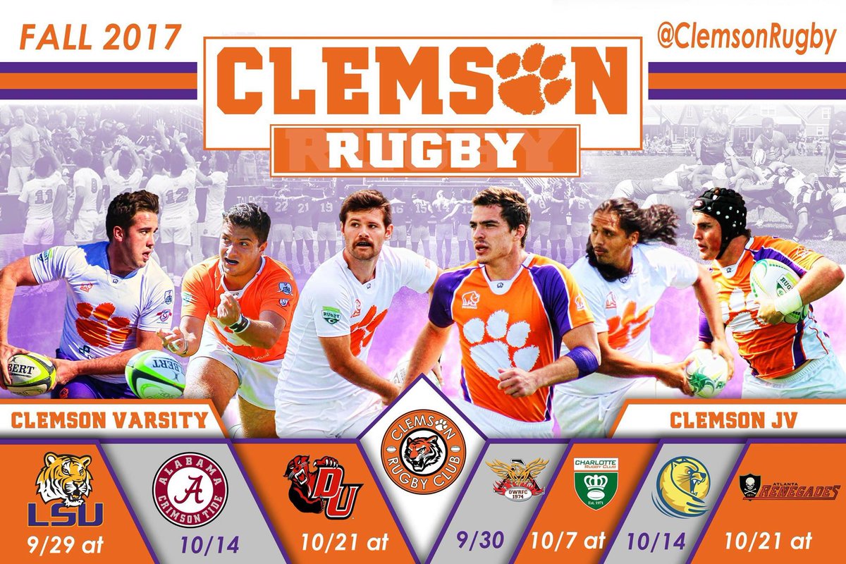 ClemsonRugby's tweet photo. The Fall 2017 Rugby Schedule, be sure to come out and support your Tigers this season! #clemsonrugby #clemson https://t.co/2LTdvwqSEQ