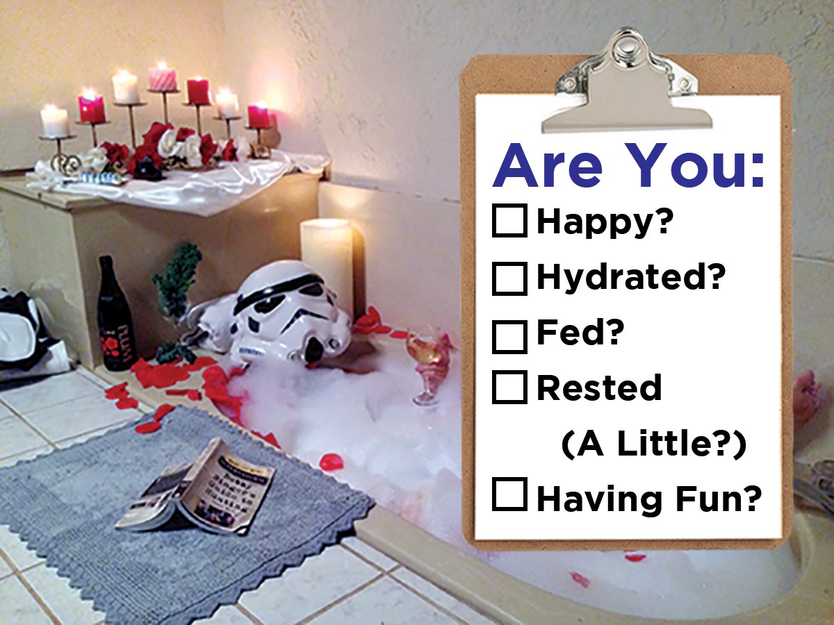 GISH's tweet photo. Self-care Check! At 2 PM PDT each Hunt day, stop what you are doing and make sure you can answer YES to these questions. If not: make it so. https://t.co/CSUOIoyuNW