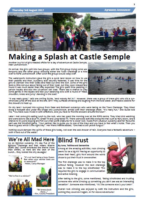 GG_Ayrwaves's tweet photo. Here is Thursday's copy of the Ayrwaves Announcer! #Ayrwaves2017 @GirlguidingScot #Thursday https://t.co/NAsG367bFy